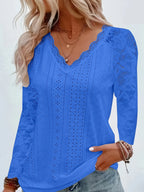Women's Contrast Lace V-Neck Eyelet Long Sleeve T-Shirt - Elegant Floral Lace Trim Casual Top for Spring Fall