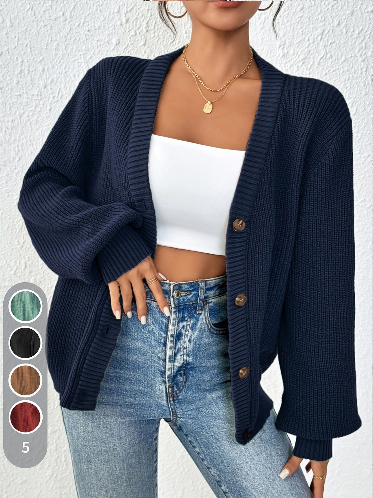 Women's Chunky Ribbed Knit Button Cardigan V-Neck Open Front - Oversized Drop Shoulder Sweater Jacket, Soft Stretchy Warm Fall Winter Cardigan in 5 Colors XS-XL