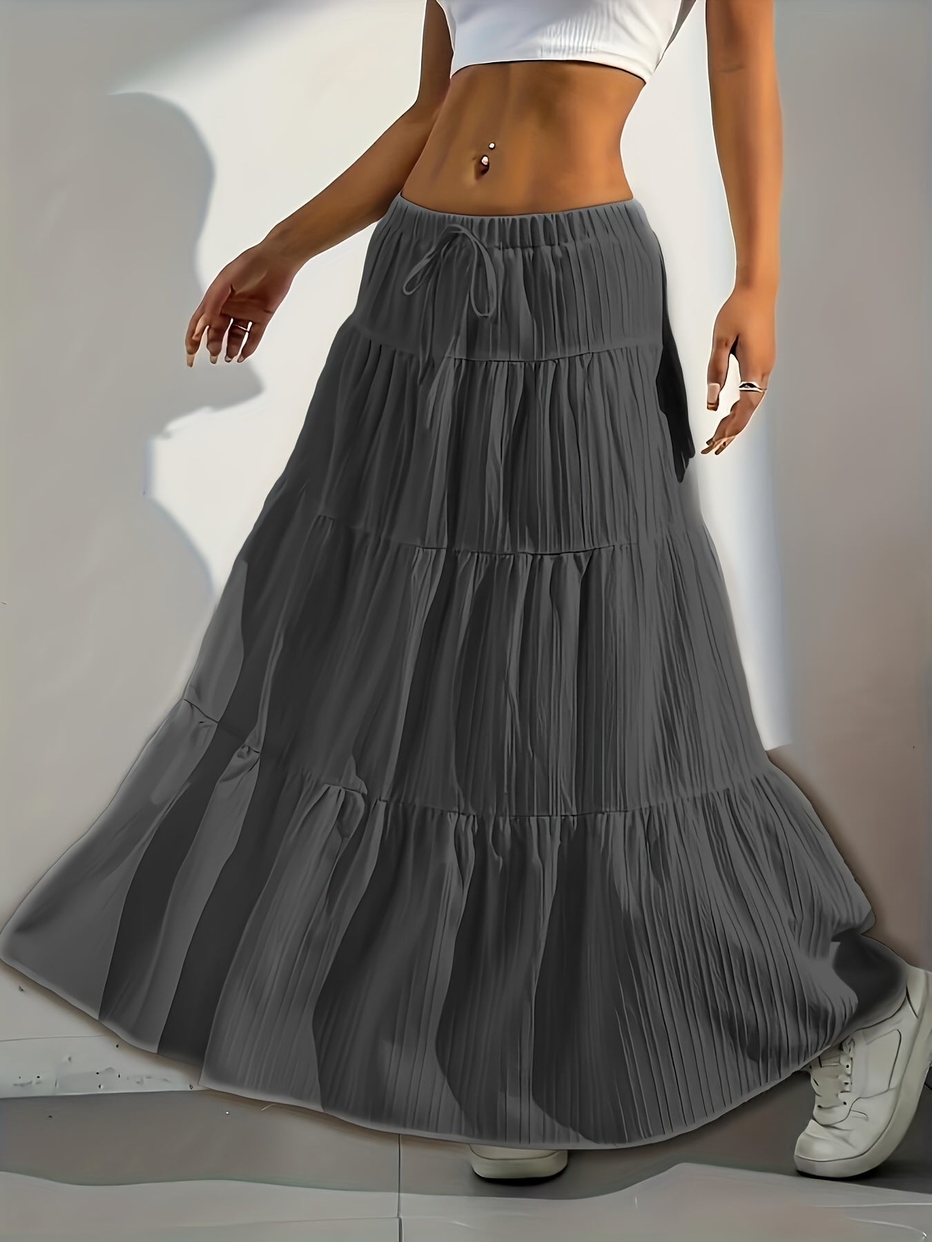 Women's Solid Color Tie-Back Flared A-Line Midi Skirt – Elegant Loose Swing Skirt Western Fashion Spring Summer Fall Casual Chic Half Skirt