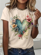 Floral Heart Print T-Shirt Women Watercolor Flower Graphic Tee Short Sleeve Crew Neck Loose Casual Top Spring Summer Off-White S-XXL