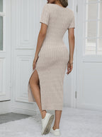 Women's Elegant Long Slit Bodycon Dress | Boat Neck Suede Solid Color Maxi Dress with Side Split Stretchy Formal Evening Party Wear