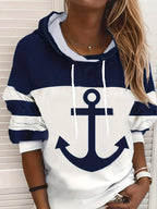 Women's Anchor Print Color Block Drawstring Hoodie Sweatshirt Long Sleeve Pullover Casual Cozy Fall Winter Mixed Colors S-XXL