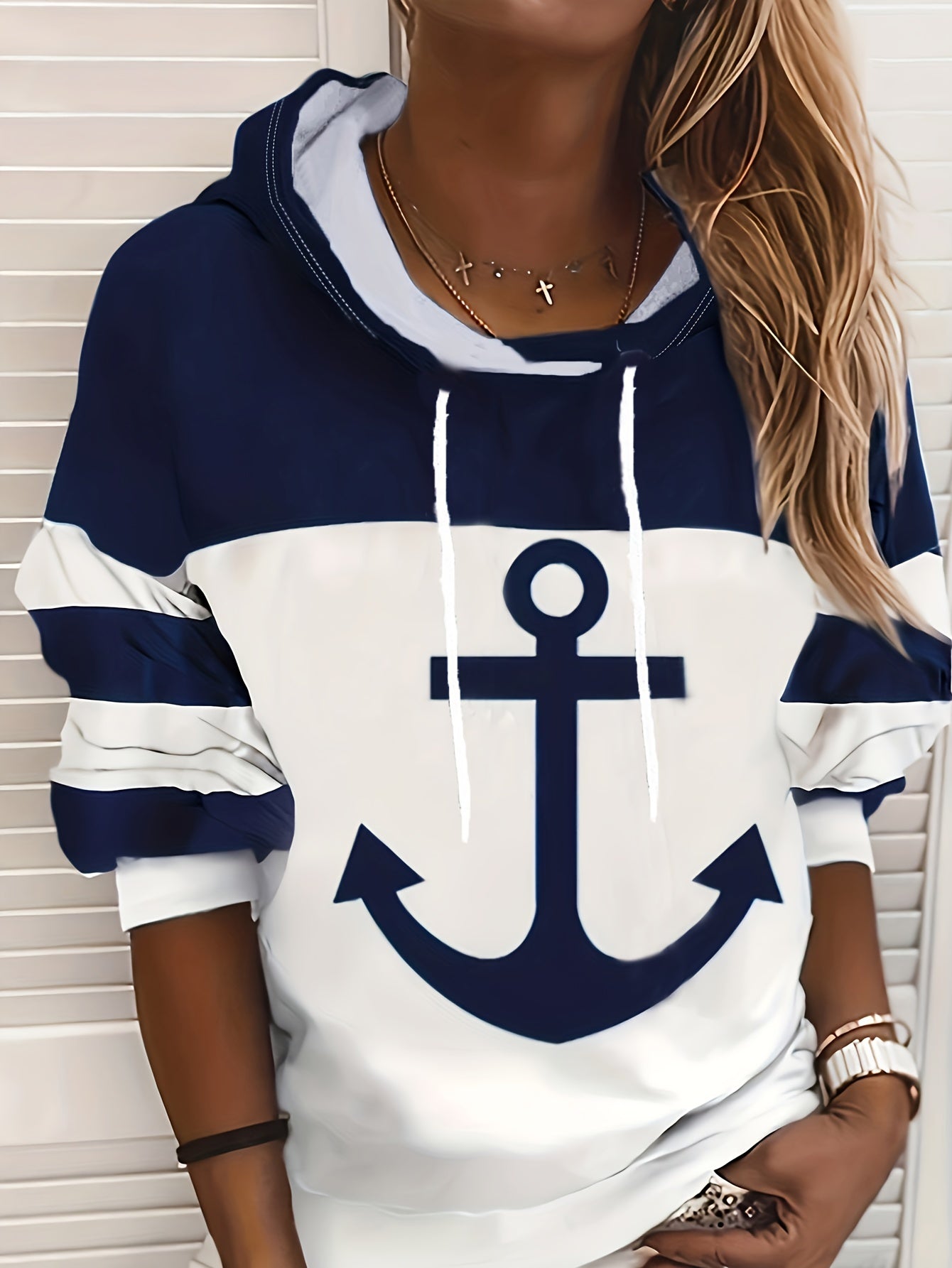 Women's Anchor Print Color Block Drawstring Hoodie Sweatshirt Long Sleeve Pullover Casual Cozy Fall Winter Mixed Colors S-XXL