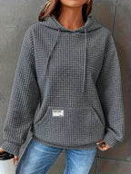 Women's Waffle Hooded Long-Sleeve Sweatshirt – Solid Color Cozy Pullover Hoodie for Autumn & Winter Casual Loungewear & Everyday Wear