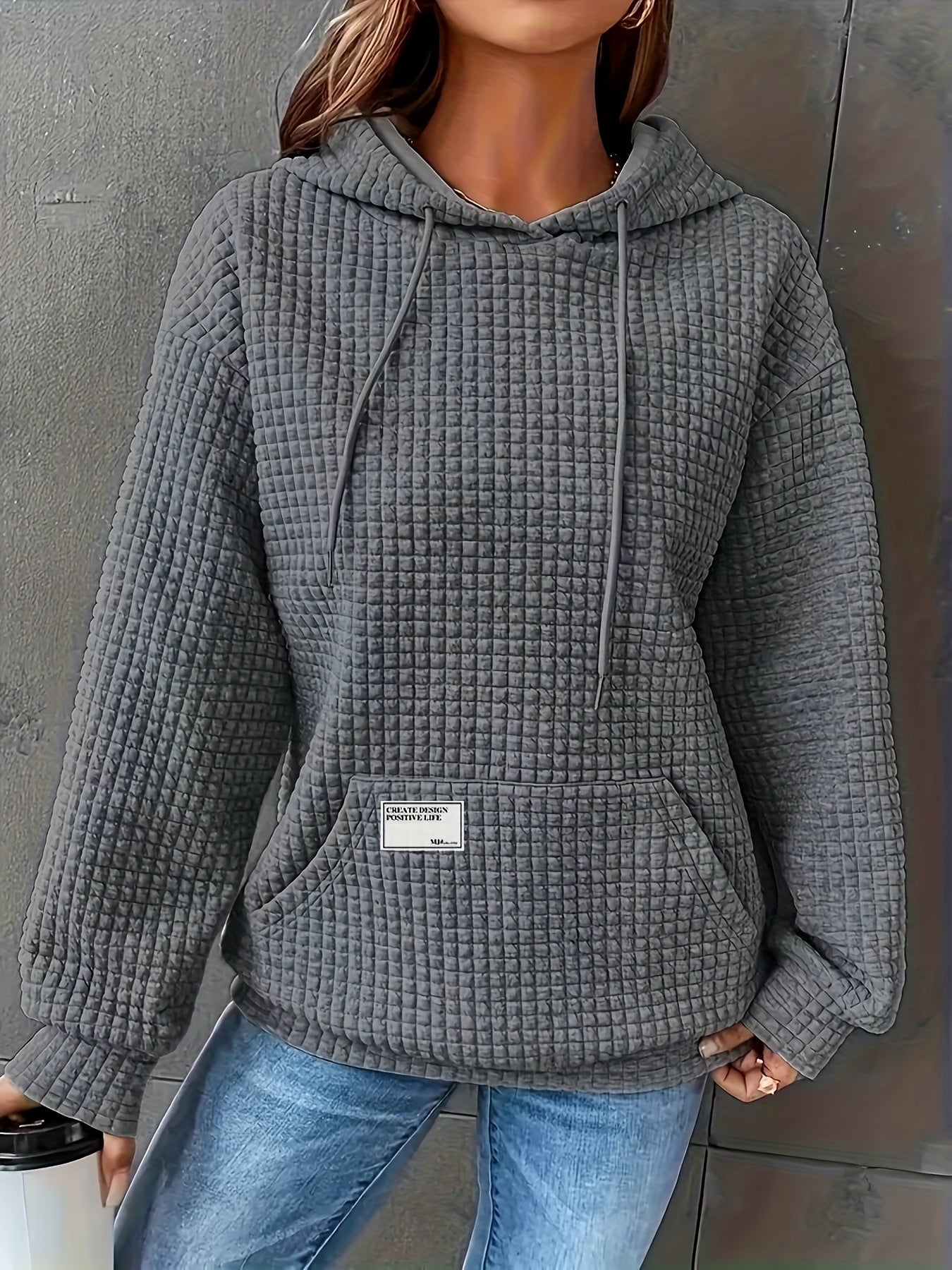 Women's Waffle Hooded Long-Sleeve Sweatshirt – Solid Color Cozy Pullover Hoodie for Autumn & Winter Casual Loungewear & Everyday Wear