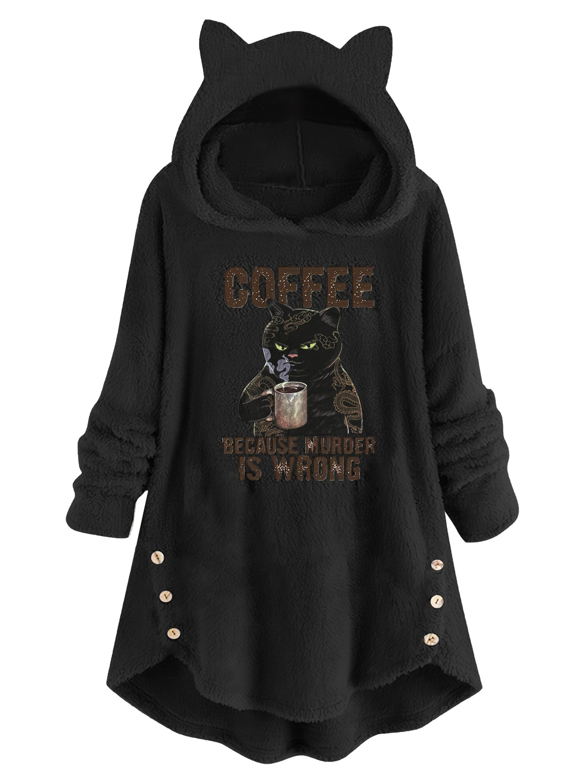 Cat Ear Teddy Fleece Hoodie Women Funny Cat Slogan Print - Cozy Fluffy Sweatshirt with Button Detail, Coffee Because Murder Is Wrong Graphic Hoodie, Grey Burgundy Black S-XXL