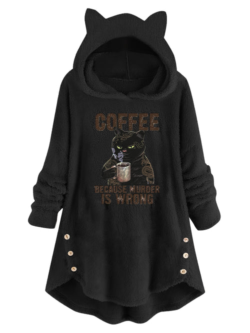 Cat Ear Teddy Fleece Hoodie Women Funny Cat Slogan Print - Cozy Fluffy Sweatshirt with Button Detail, Coffee Because Murder Is Wrong Graphic Hoodie, Grey Burgundy Black S-XXL