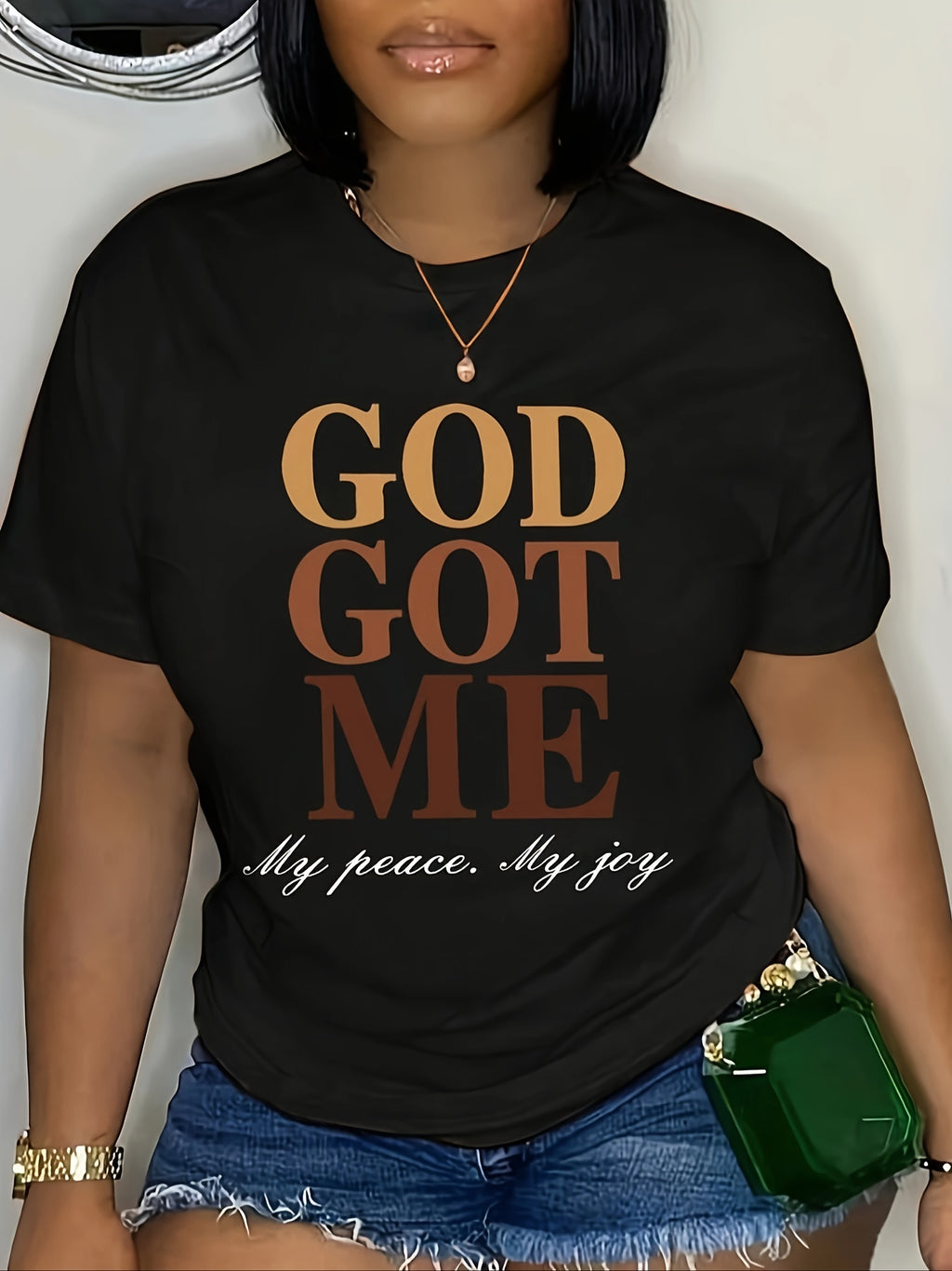 God Got Me My Peace My Joy Women's Christian Graphic T-Shirt Black Crew Neck Faith Letter Print Casual Tee for Summer Spring Fall