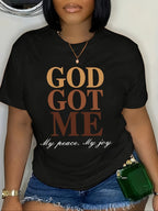 God Got Me My Peace My Joy Women's Christian Graphic T-Shirt Black Crew Neck Faith Letter Print Casual Tee for Summer Spring Fall