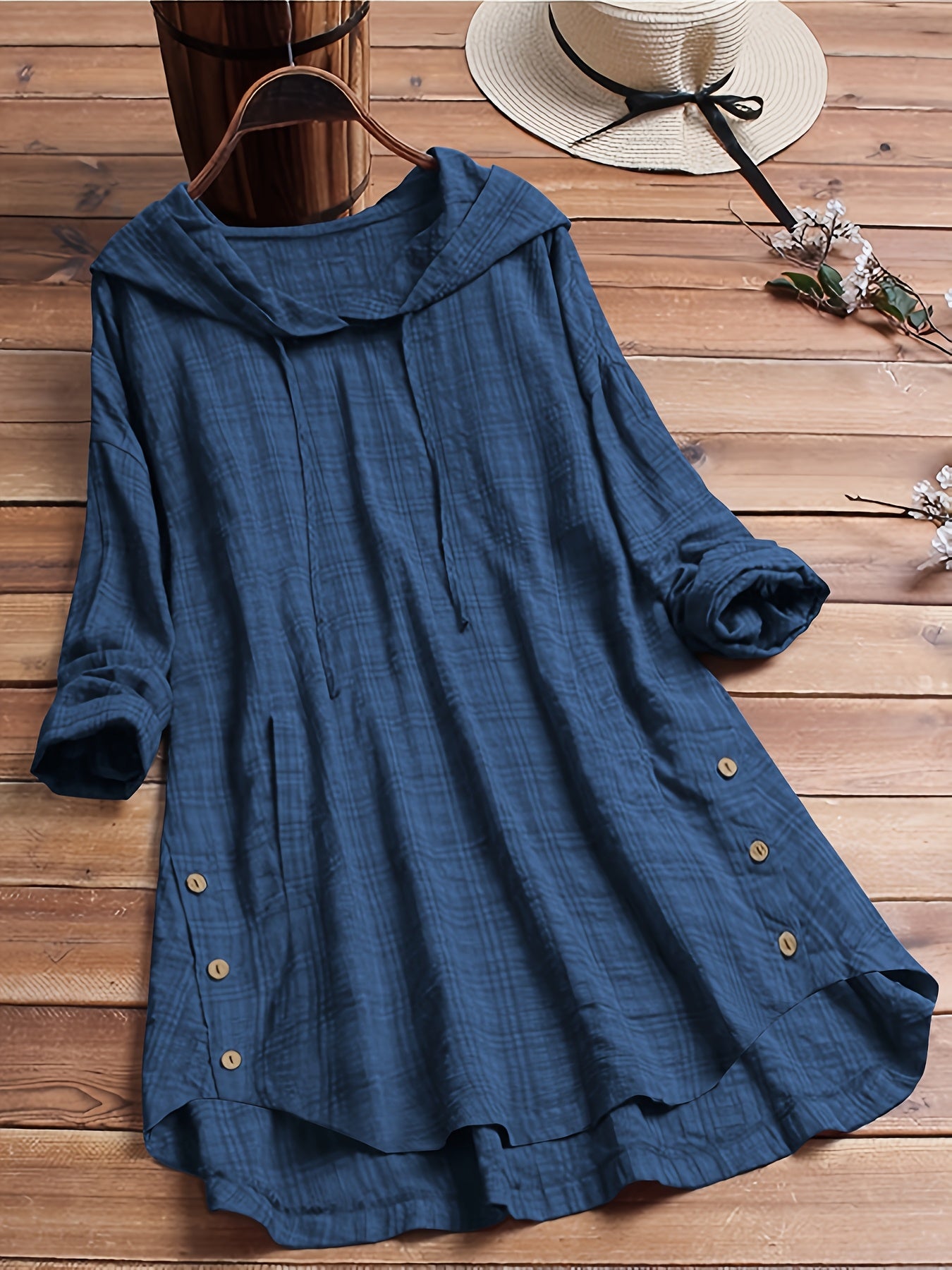 Women's Plaid Hooded Long Sleeve Drawstring Shirt | Asymmetrical Hem Waist-Tied Blouse Casual Autumn Outerwear Top