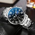 Men's Stainless Steel Chronograph Quartz Watch Set with Necklace & Bracelet – 3-Piece Business Analog World Time Jewelry Gift Set for Professional Formal Events