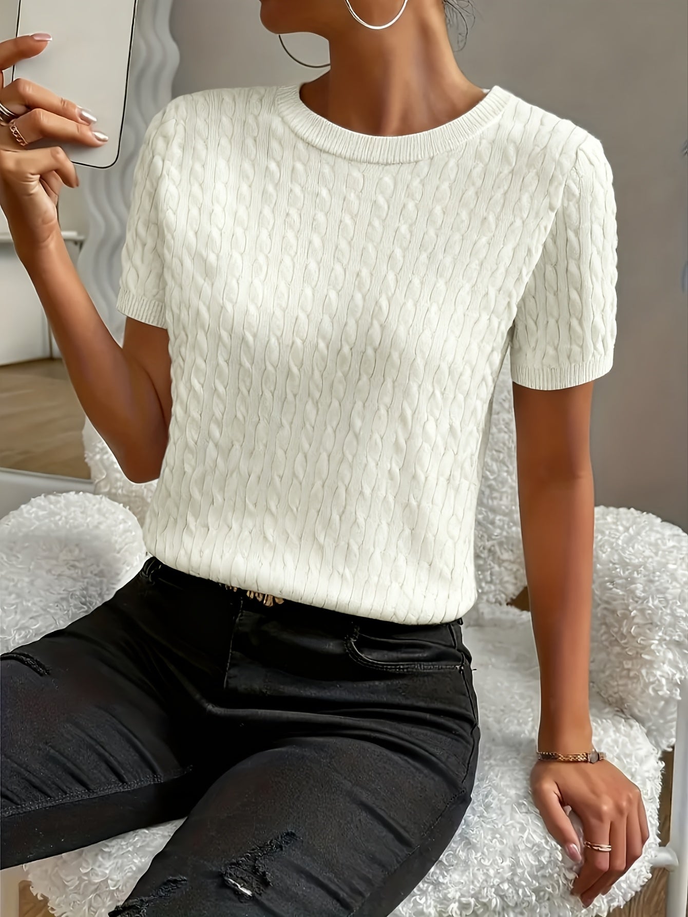 Women's Ribbed Knit Short Sleeve Pullover Top | Crew Neck Minimalist Casual Summer T-Shirt Versatile Stretch Comfort