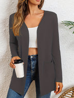 Women's Open Front Cardigan Solid Color Mid-Length Long Sleeve Casual Knit Cardigan Dual Pockets Lightweight Spring Fall Sweater Black S M L XL XXL