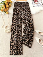 Women's Leopard Print Wide Leg Pants Loose Fit Casual Flowy Trousers S M L XL Boho Animal Print Bottom