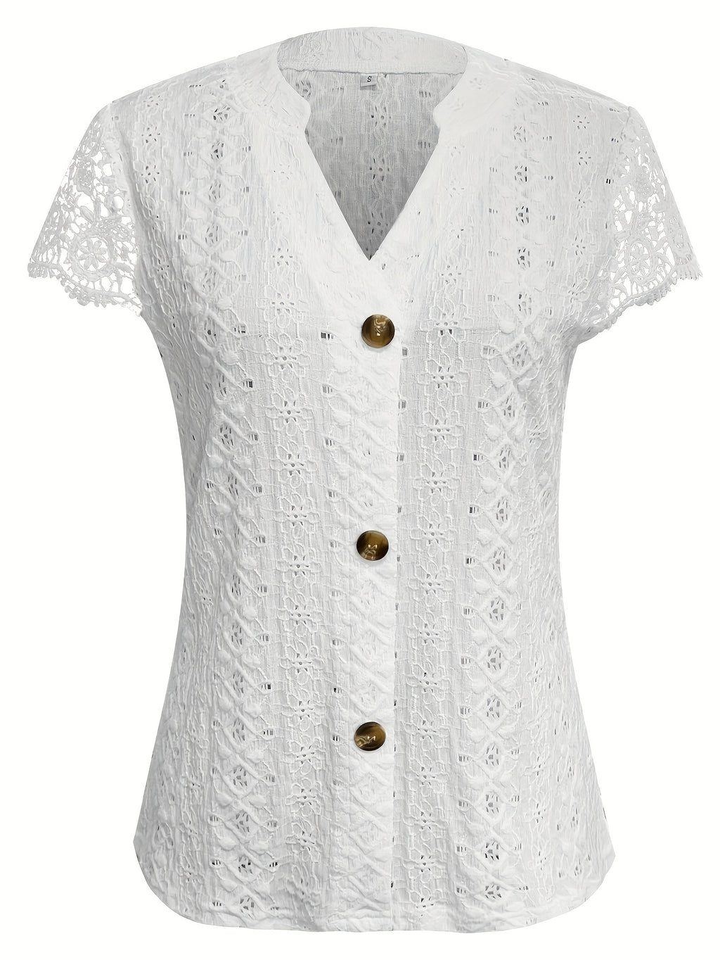 Women's Lace Trim V-Neck Button-Front T-Shirt Elegant Casual Short Sleeve Summer Top Lightweight Knit Regular Fit Machine Washable S M L XL XXL
