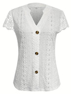 Women's Lace Trim V-Neck Button-Front T-Shirt Elegant Casual Short Sleeve Summer Top Lightweight Knit Regular Fit Machine Washable S M L XL XXL