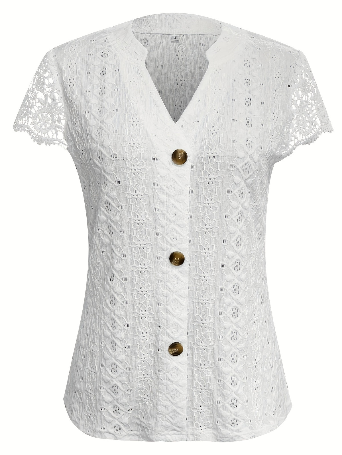Women's Lace Trim V-Neck Button-Front T-Shirt Elegant Casual Short Sleeve Summer Top Lightweight Knit Regular Fit Machine Washable S M L XL XXL