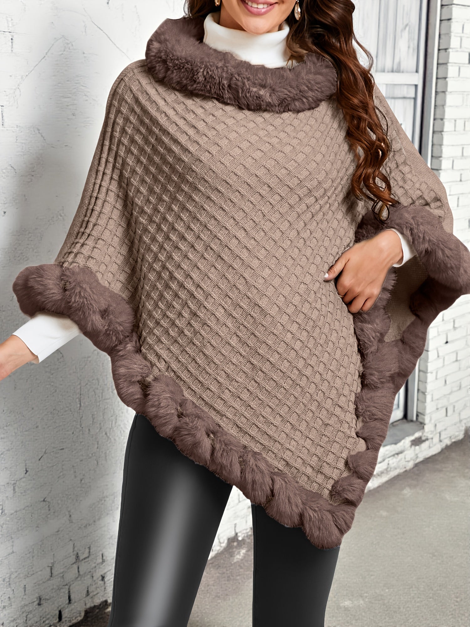 Women's Waffle Knit Shawl Poncho with Faux Fur Trim - Elegant Sleeveless High Neck Pullover, Solid Color Warm Cape Wrap for Fall Winter, 8 Colors One Size