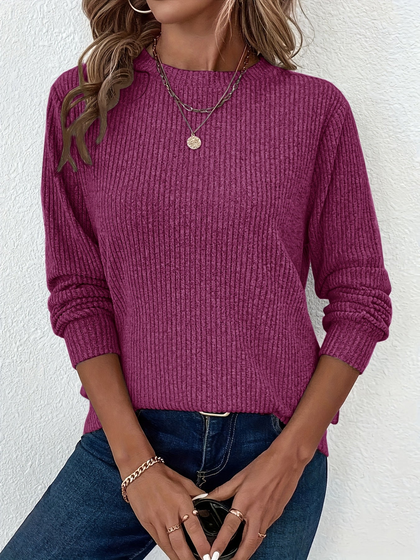 Women's Solid Color Ribbed Fleece Round Neck Long Sleeve Top – Cozy Stretch Pullover for Spring, Summer & Layering