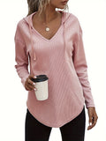 Women's Hanky Hem V-Neck Drawstring Hoodie Sweatshirt - Casual Long Sleeve Knit Hooded Pullover for Fall Winter