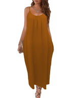 Women's Spaghetti Strap Maxi Dress with Pockets Solid Color Loose Flowy Cami Sundress Casual Summer Beach Vacation S M L XL XXL
