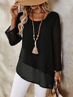 Women's Sheer Long Sleeve Shirt Elegant Double Layer Asymmetrical Irregular Hem Blouse Semi-Sheer Pullover Top Spring Summer Fall