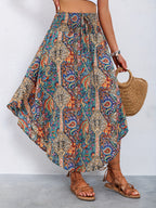 Women's High-Waisted Pleated Skirt – Stylish Printed Curved Hem Casual Midi Skirt for Summer, Spring & Everyday Wear