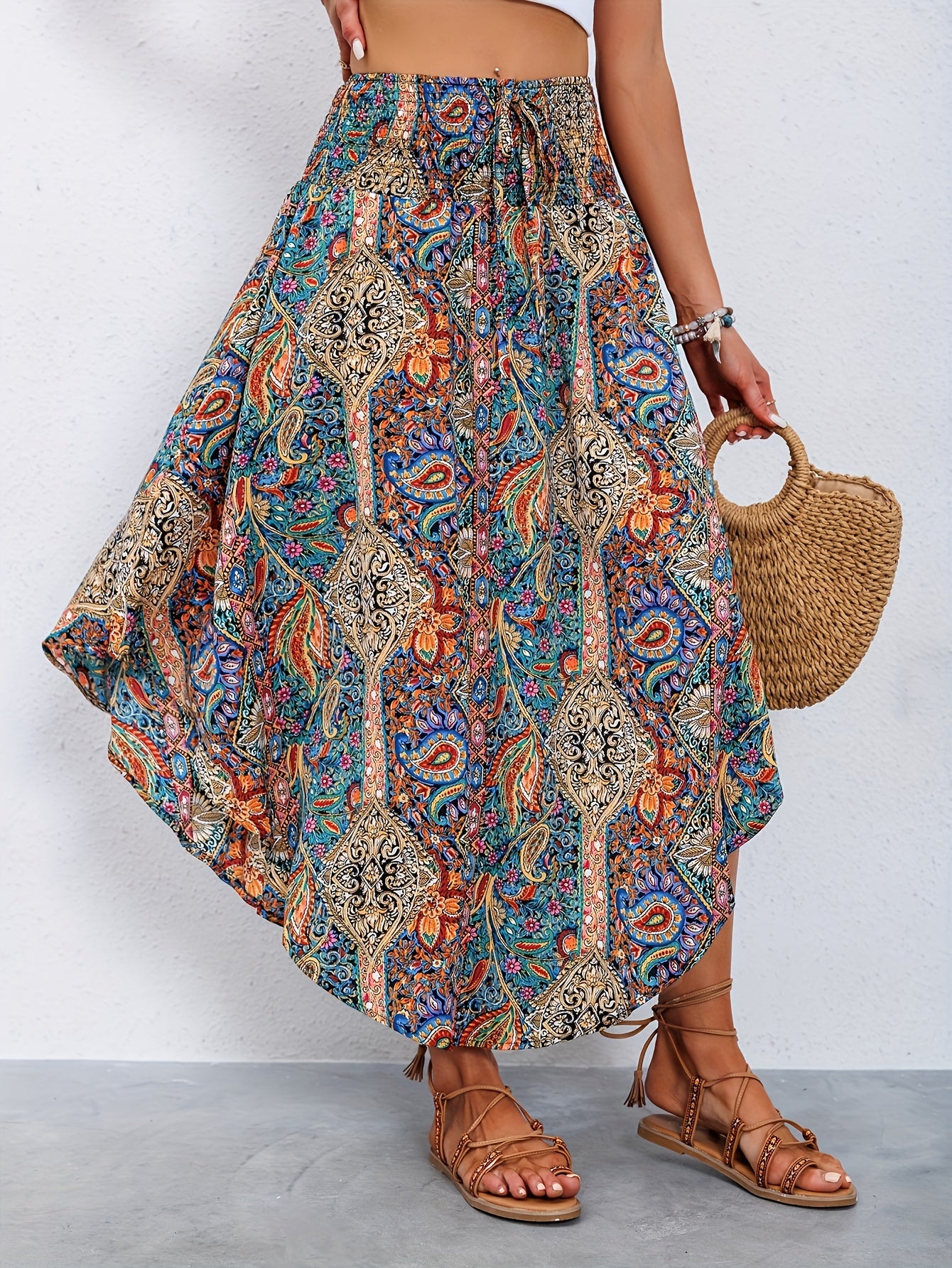 Women's High-Waisted Pleated Skirt – Stylish Printed Curved Hem Casual Midi Skirt for Summer, Spring & Everyday Wear