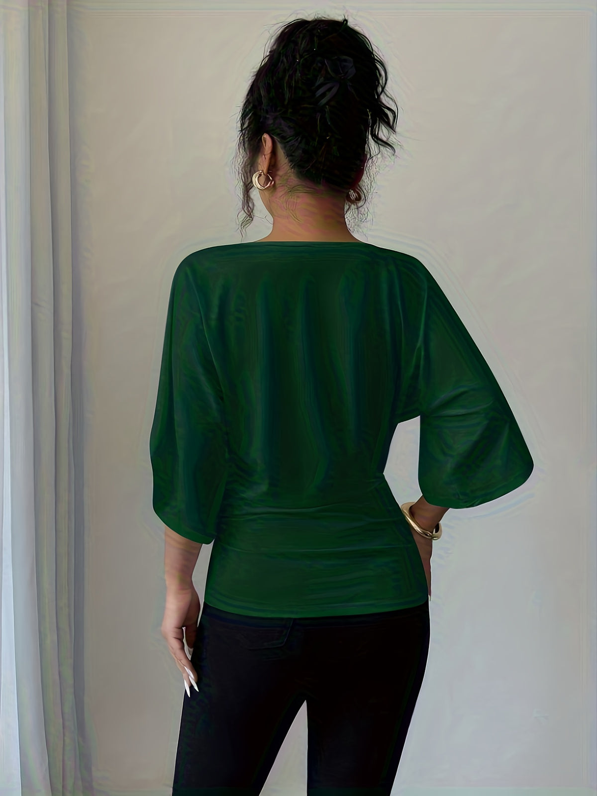 Women's V-Neck Batwing Sleeve Knit Top - Casual Loose Fit Three Quarter Sleeve High Waist T-Shirt Blouse for Spring Summer Fall, Versatile Mid-Length Pullover Top, White Black, Sizes XS-XL