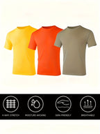 Men's UPF 50+ Quick-Dry T-Shirts 3-Pack – Moisture-Wicking Crew Neck Short Sleeve Athletic Tees Khaki Orange Yellow S-3XL for Swimming Beach Outdoor Sports Fishing Hiking