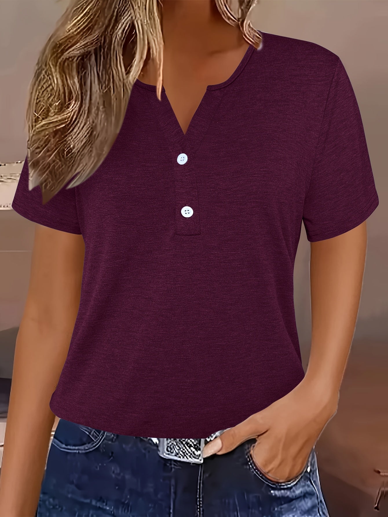 Women's Elegant V-Neck Short Sleeve T-Shirt – High-Stretch Solid Color Casual Blouse Top for Spring, Summer & Fall, Machine Washable