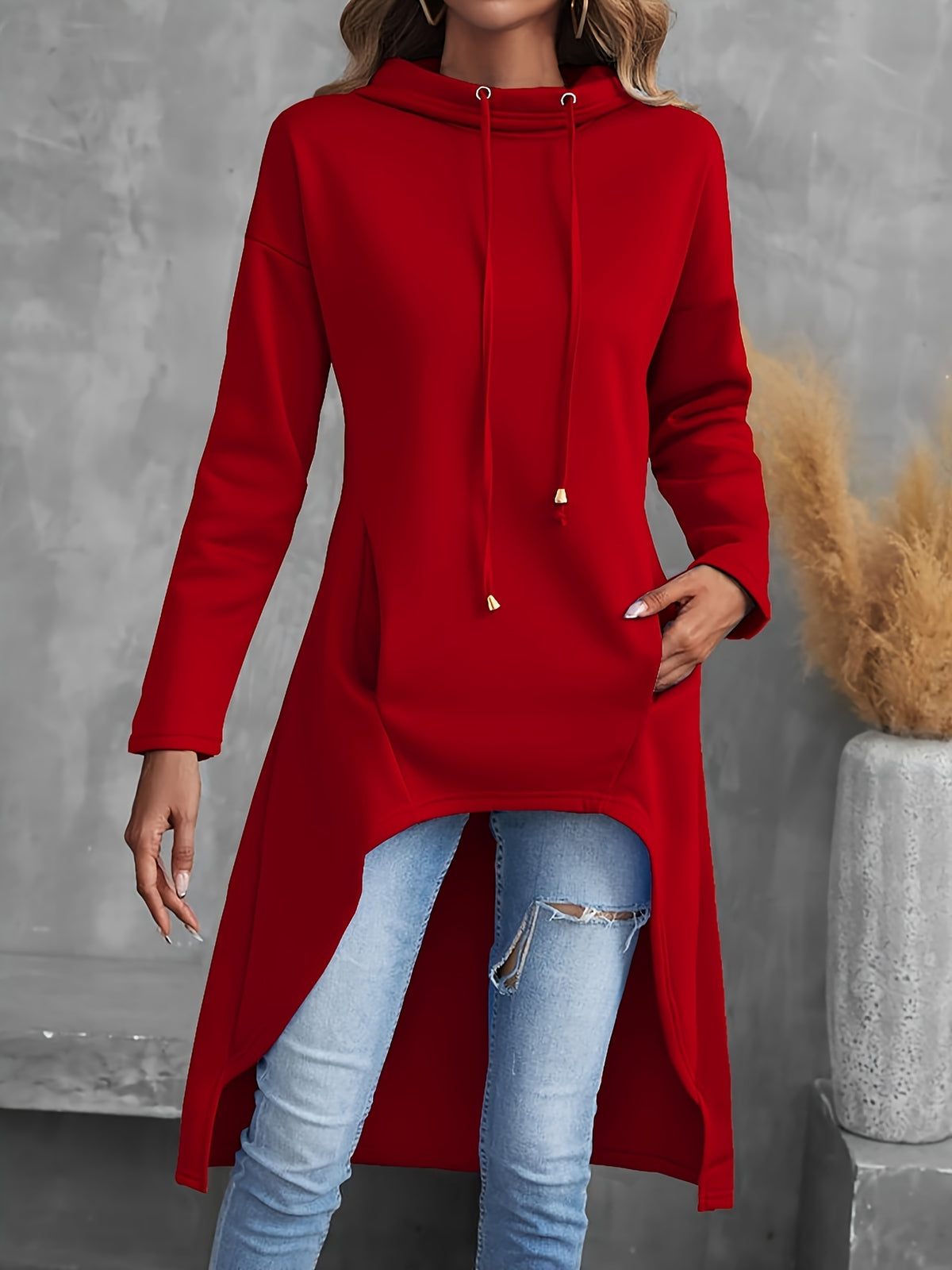 Women's Hi-Low Hem Hoodie Sweatshirt Casual Long Sleeve Drawstring Pullover Solid Color Hooded Top Red Black Blue Grey Yellow S-XXL