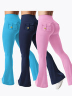 Women's 3-Piece High Waist Flare Yoga Pants Set with Belt and Pockets, Scrunch Butt Lifting Squat Proof 90% Polyester Stretchy Flared Leggings for Workout Gym Running Casual Wear