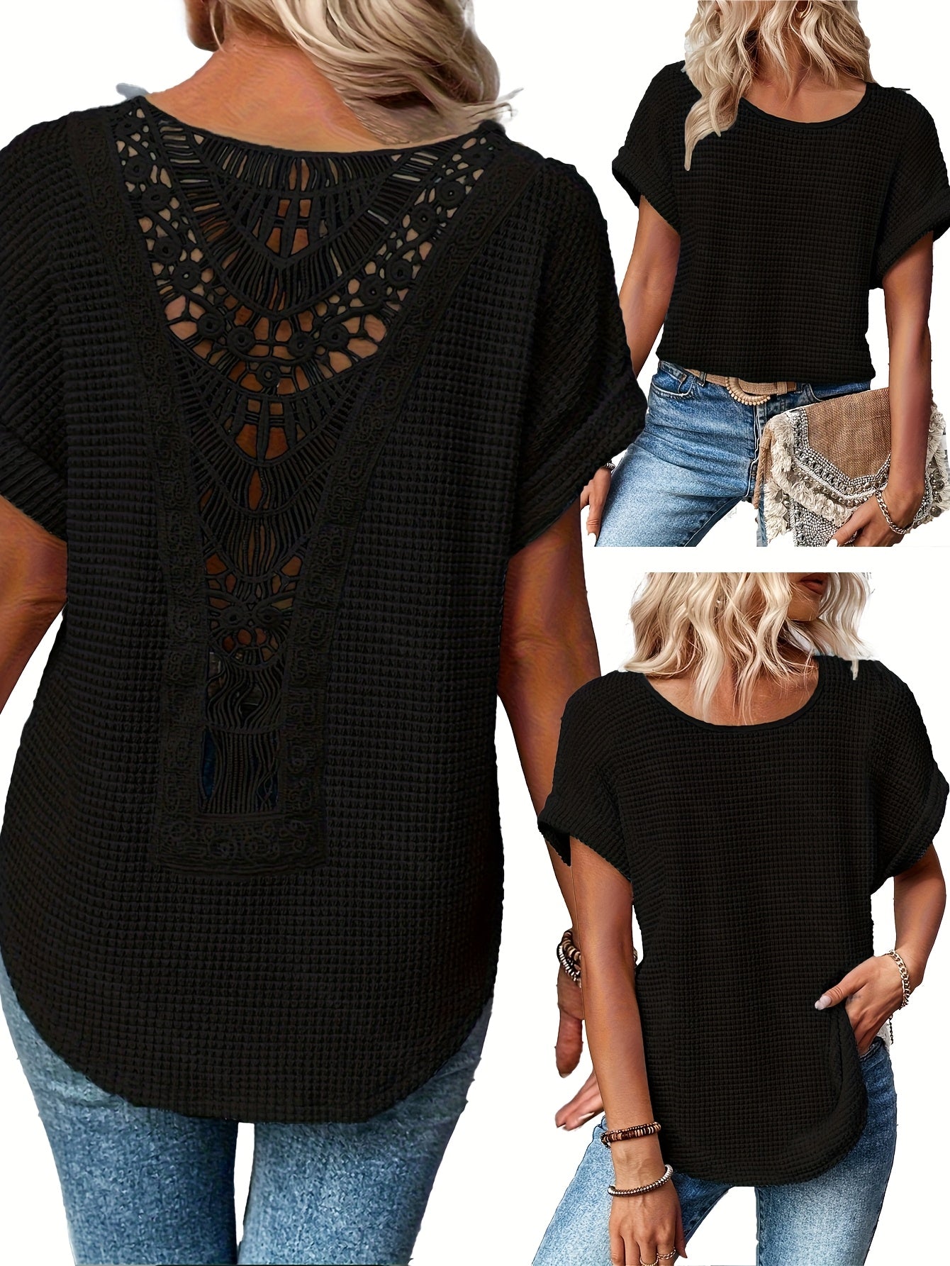 Lace Patchwork Round Neck Short Sleeve T-Shirt Women Summer Casual Flowy Top Peacock Blue Khaki Black White S M L XL XXL