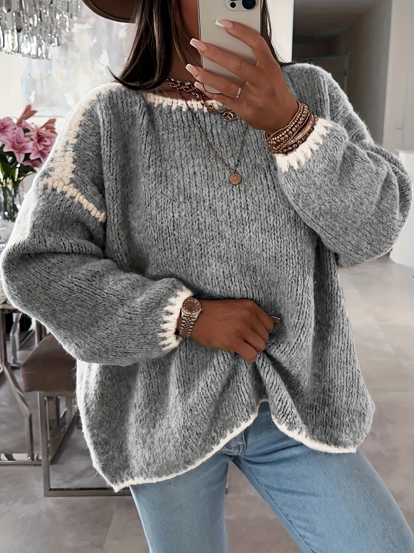Women's Boat Neck Color Block Pullover Sweater - Casual Long Sleeve Loose Contrast Knit Top for Fall Winter, Off Shoulder Style, 7 Colors, Sizes S-XXL, Soft Polyester Cozy Everyday Sweater