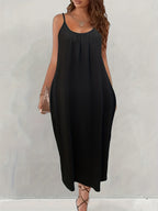 Women's Spaghetti Strap Maxi Dress with Pockets Solid Color Loose Flowy Cami Sundress Casual Summer Beach Vacation S M L XL XXL