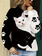 Women's Cute Cat Print Hoodie Casual Long Sleeve Pullover Sweatshirt Graphic Kawaii Animal Hoodie Machine Washable S-XXL White