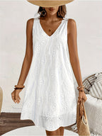 White Lace V-Neck Sleeveless Peplum Dress Women Casual Summer Beach Garden Vacation Dress Contrasting Lace Embellishment S-XXL