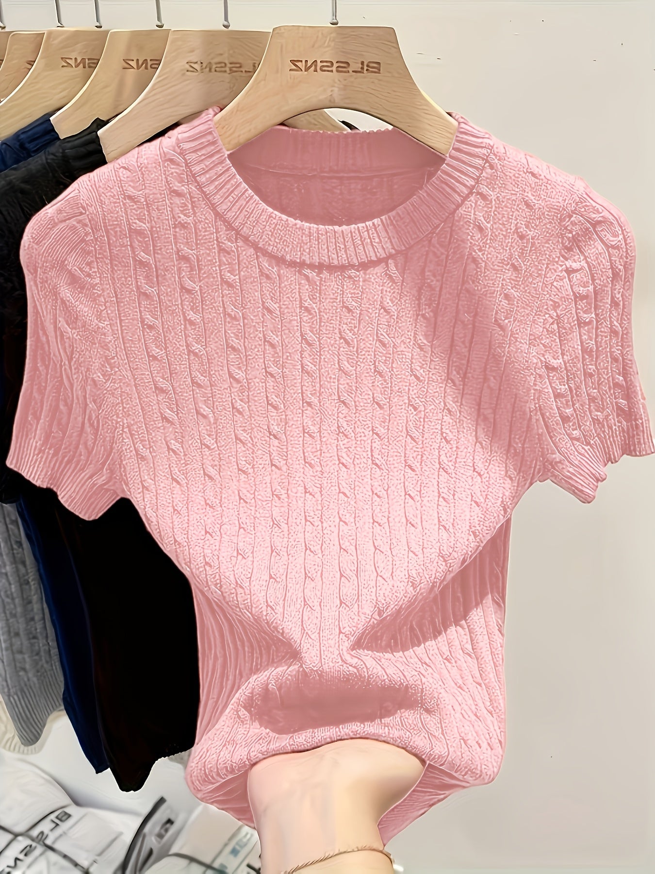 Women's Jacquard Short Sleeve Sweater Chic Cable Knit Round Neck Pullover Ribbed Hem Cuffs Lightweight Viscose Spring Summer Casual S M L XL XXL
