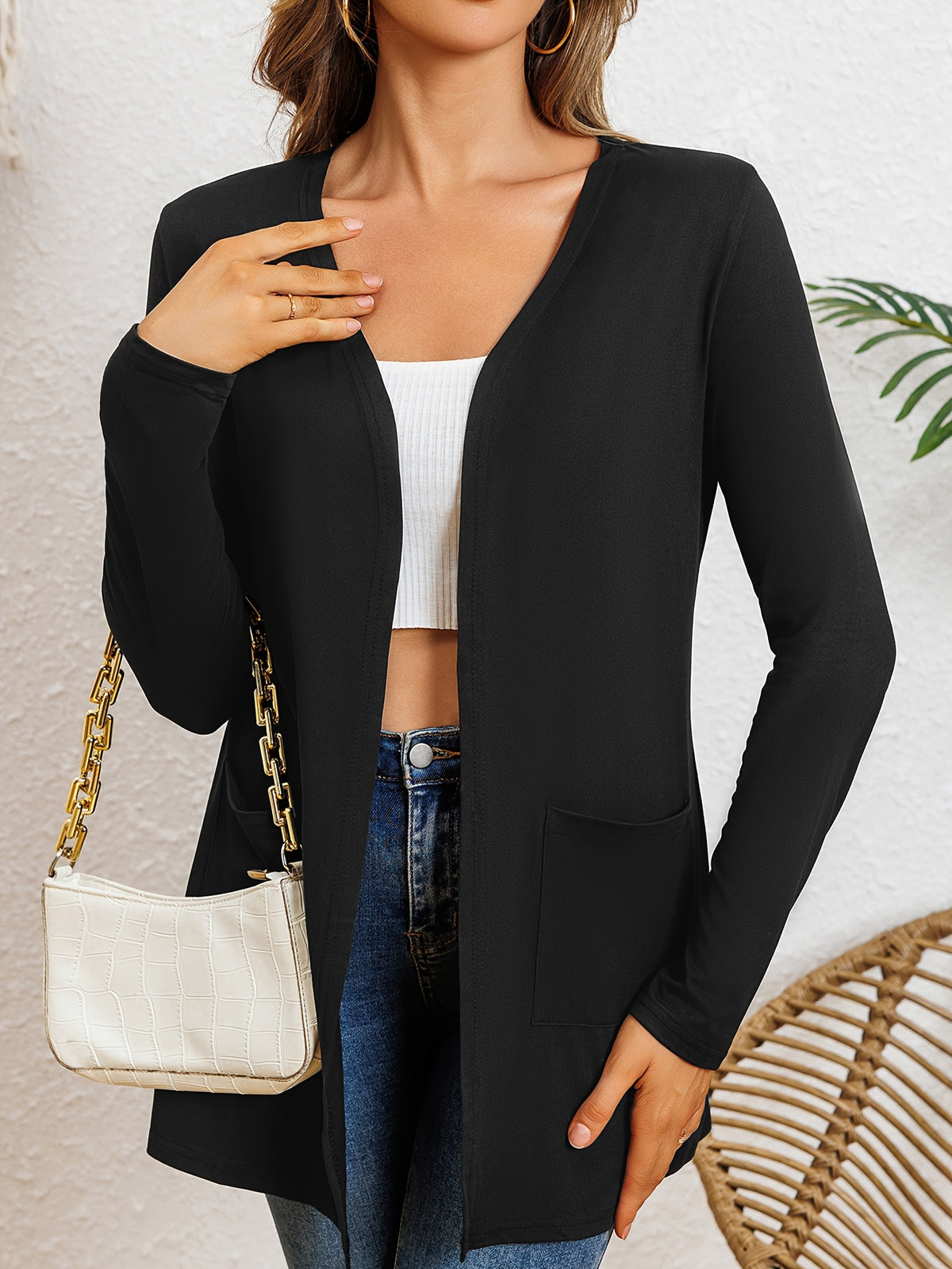 Women's Open Front Cardigan Solid Color Mid-Length Long Sleeve Casual Knit Cardigan Dual Pockets Lightweight Spring Fall Sweater Black S M L XL XXL