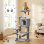 Multi-Level Cat Tree Tower 44-66 Inch with Hammock Sisal Scratching Posts Cozy Cave Perches Anti-Tilt Stable Cat Condo for Multi-Cat Families Kittens & Cats Gift