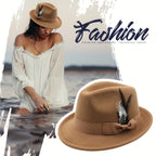 Short Brim Felt Fedora Hat for Men & Women – Classic Feather Panama Dress Hat in 7 Colors, Black Brown Navy Red Gray Coffee, Unisex Jazz Cap for Formal Casual Daily Wear