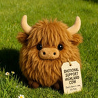 Cute Scottish Cow Plush Dog Toy – Round Fluffy Simulation Animal Bite Toy for Dogs & Cats, Soft Squeaky Companion Doll for Anxiety Relief, Chewing & Interactive Play for Puppies and Small Pets