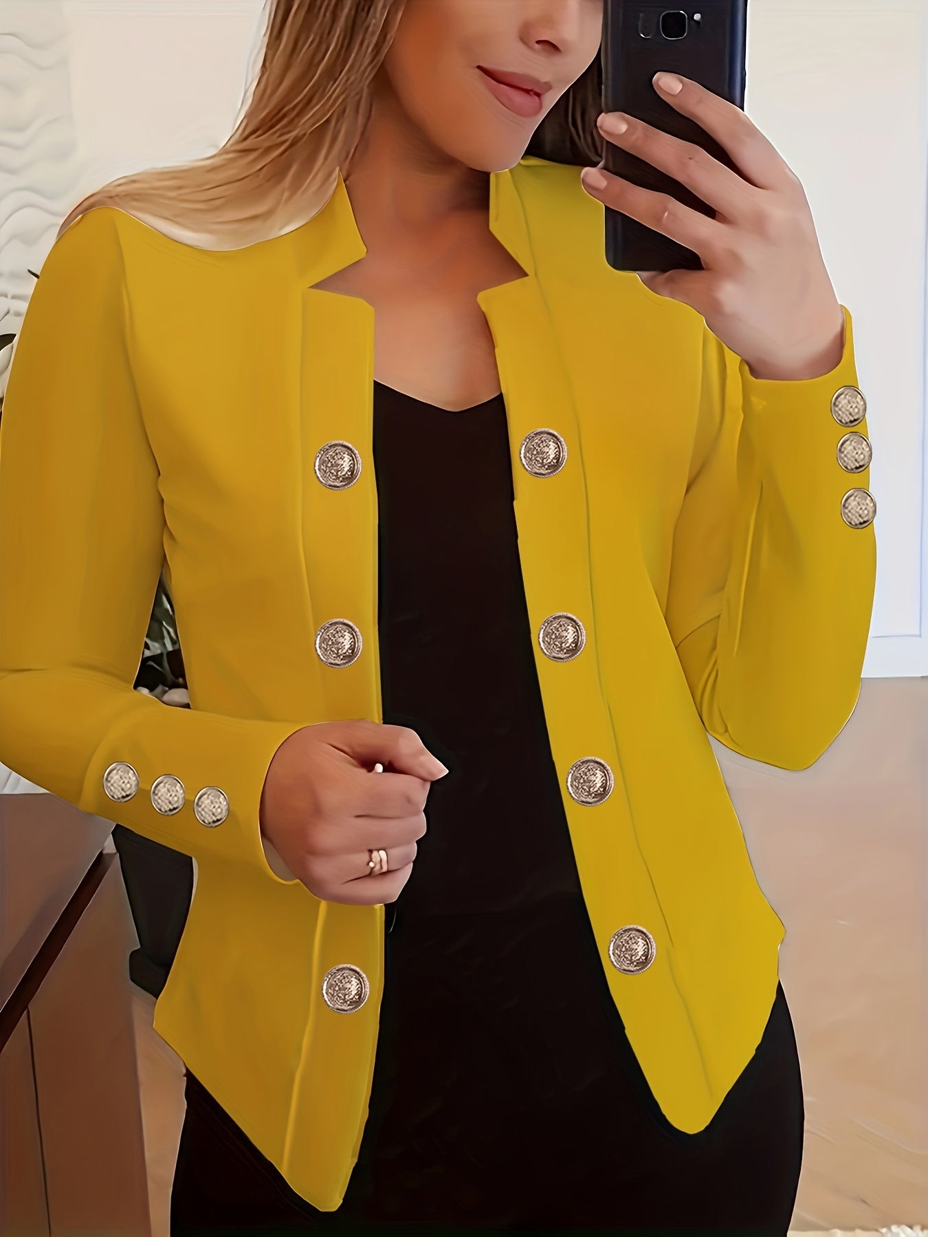 Women's Solid Color Long Sleeve Casual Jacket | Lapel Button Lightweight Stretch Blazer Coat for Spring Fall Everyday Outerwear