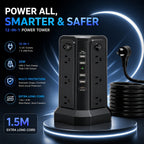 Power Strip Tower 16 AC Outlets 5 USB Ports USB-C PD20W 1500J Surge Protector Flat Plug Desktop Extension Cord