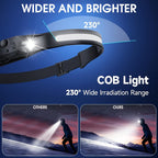 3 Pack Rechargeable COB LED Headlamp 230° Wide Beam Motion Sensor 5 Modes with 6 Hooks – Bright Headband Flashlight for Camping Hiking Work Hard Hat Forehead Head Light for Adults (Single/Dual/Triple Strip)