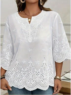 Women's V-Neck Floral Lace Contrast Shirt Elegant Woven Blouse for Spring Summer Fall Formal Casual Wear S-XXL