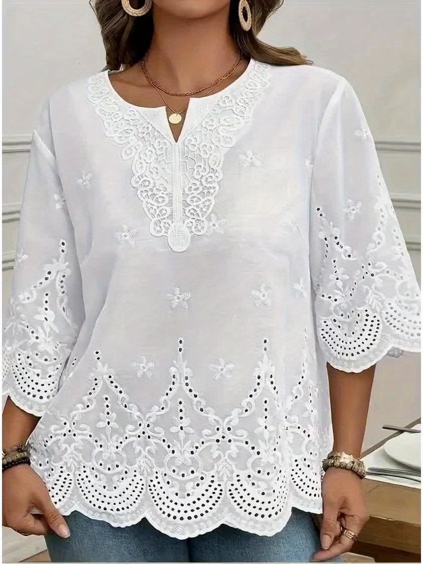 Women's V-Neck Floral Lace Contrast Shirt Elegant Woven Blouse for Spring Summer Fall Formal Casual Wear S-XXL
