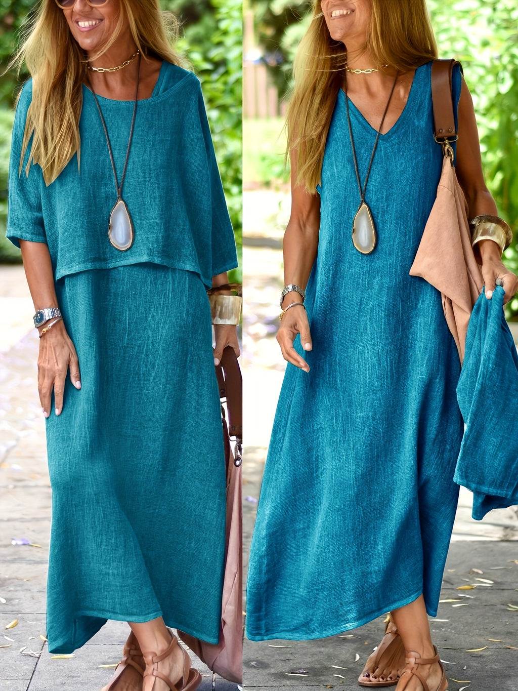 Women's Two Piece Set Casual Loose Top and Sleeveless Maxi Dress Summer Boho Outfit Black Khaki Sky Blue Slate Grey S M L XL XXL