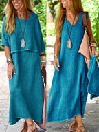 Women's Two Piece Set Casual Loose Top and Sleeveless Maxi Dress Summer Boho Outfit Black Khaki Sky Blue Slate Grey S M L XL XXL